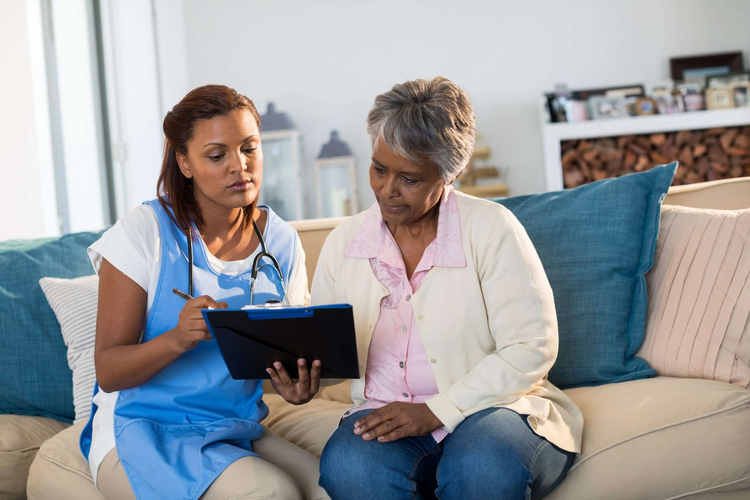 senior care options; a care professional talking to a client